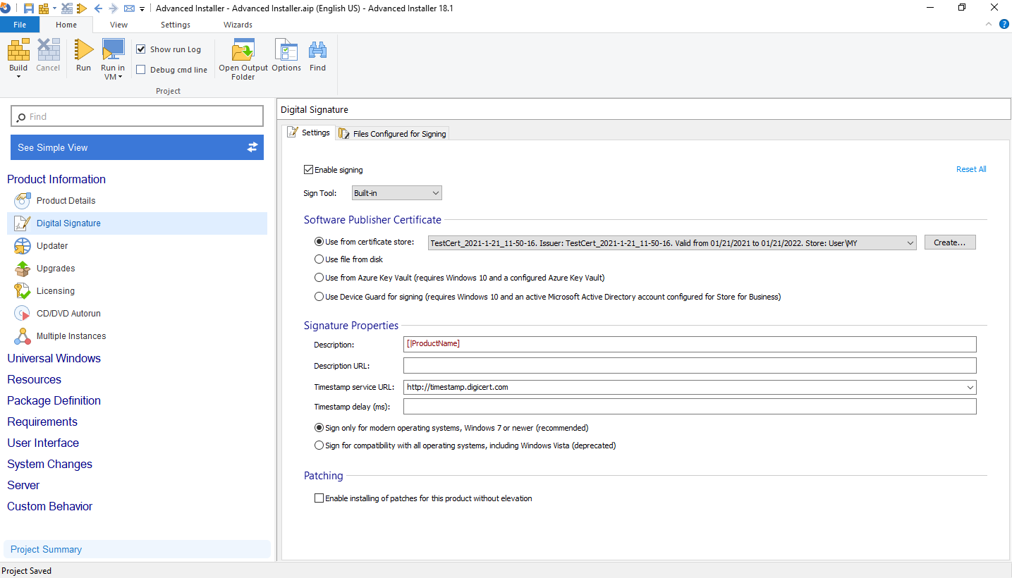 screenshot of Advanced Installer